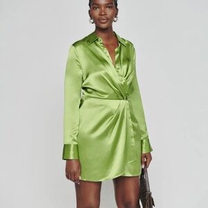 Reformation Alaine Silk Dress Green Wrap Mini Dress with Notched Collar